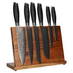 Damast Pakka Wood 6-Delige Messenset + Magnetisch Messenblok Enkelzijdig