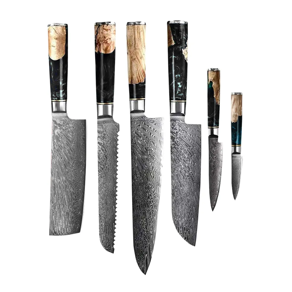 Epoxy Onyx 6-delige Damascus Messenset + Magnetisch Messenblok Dubbelzijdig