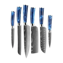 Epoxy Sapphire Damascus Print 6-delige Messenset + Acacia houder dubbelzijdig