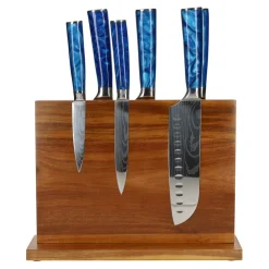 Epoxy Sapphire Damascus Print 6-delige Messenset + Acacia houder dubbelzijdig