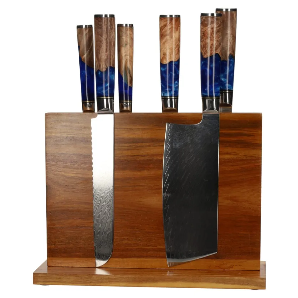 Epoxy Sapphire 6-delige Damascus Messenset + Magnetisch Messenblok