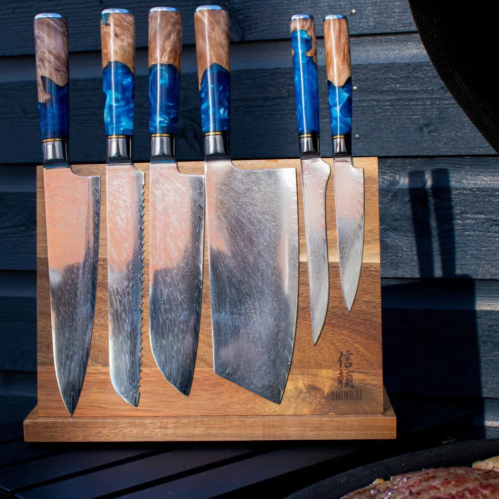 Epoxy Sapphire 6-delige Damascus Messenset + Magnetisch Messenblok