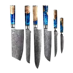 Epoxy Sapphire 6-delige Damascus Messenset + Magnetisch Messenblok