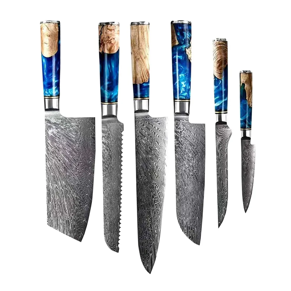 Epoxy Sapphire 6-delige Damascus Messenset + Magnetisch Messenblok