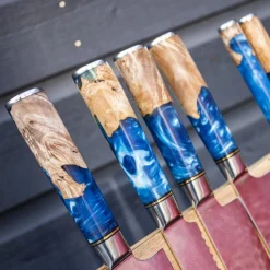 Epoxy Sapphire 6-delige Damascus Messenset + Magnetisch Messenblok