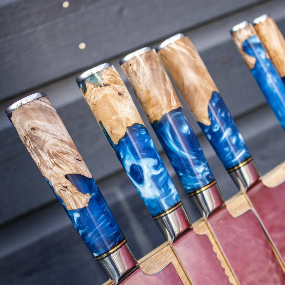 Epoxy Sapphire 6-delige Damascus Messenset + Magnetisch Messenblok