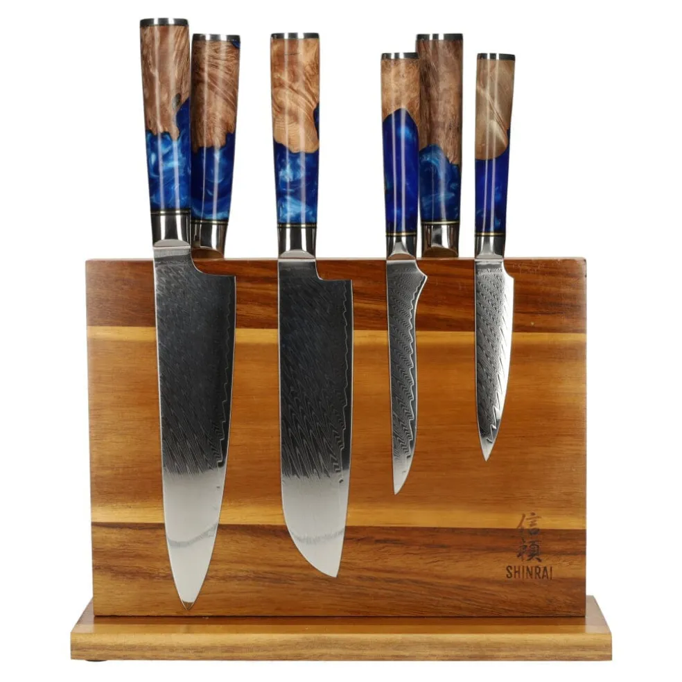 Epoxy Sapphire 6-delige Damascus Messenset + Magnetisch Messenblok
