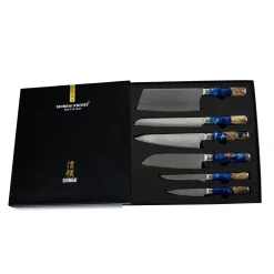 Epoxy Sapphire 6-delige Damascus Messenset + Magnetisch Messenblok