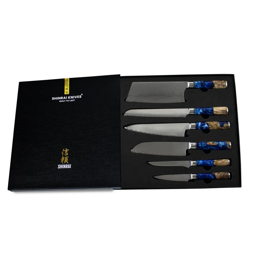 Epoxy Sapphire 6-delige Damascus Messenset + Magnetisch Messenblok