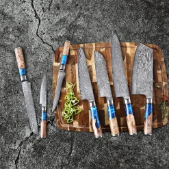 Epoxy Sapphire 6-delige Damascus Messenset + Magnetisch Messenblok