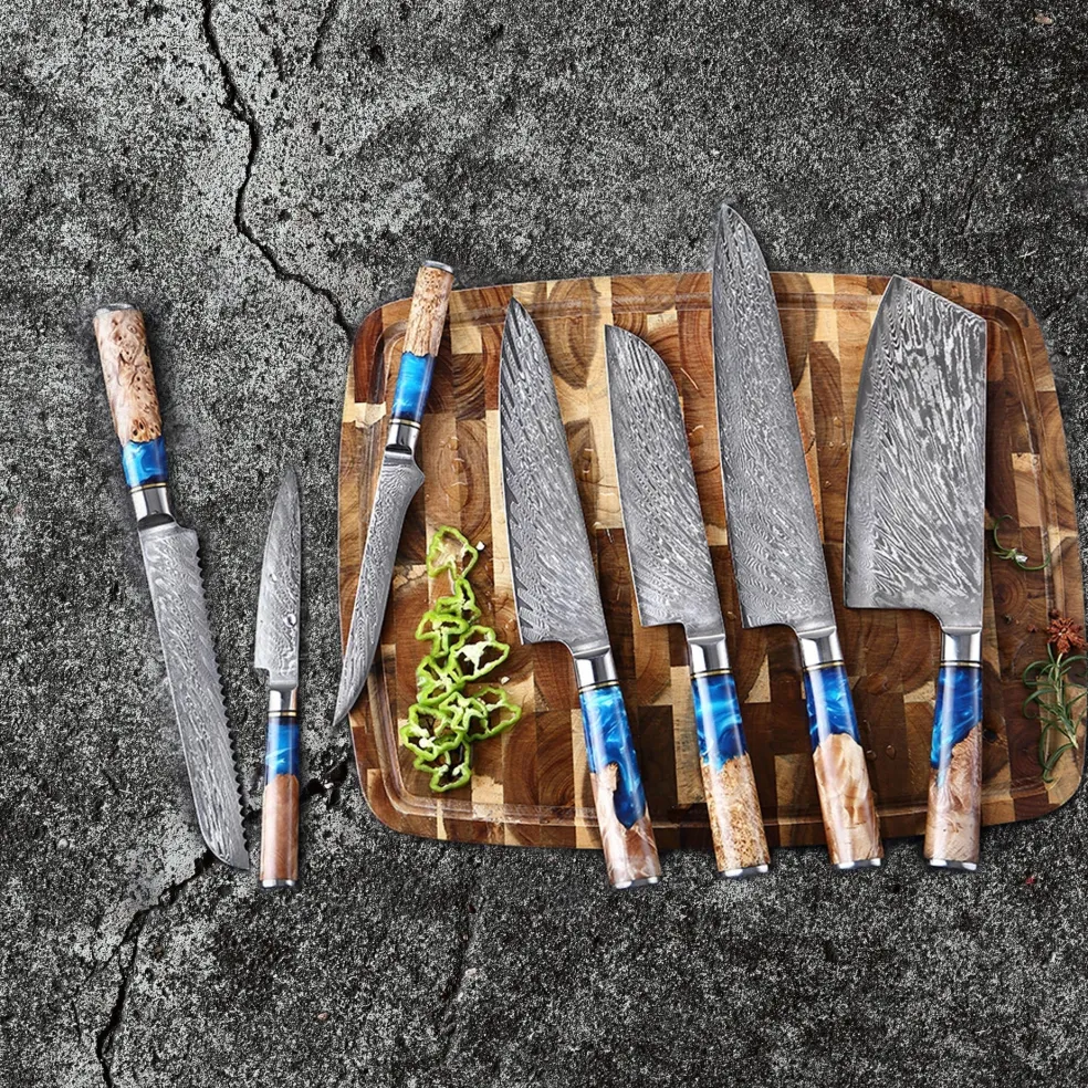 Epoxy Sapphire 6-delige Damascus Messenset + Magnetisch Messenblok