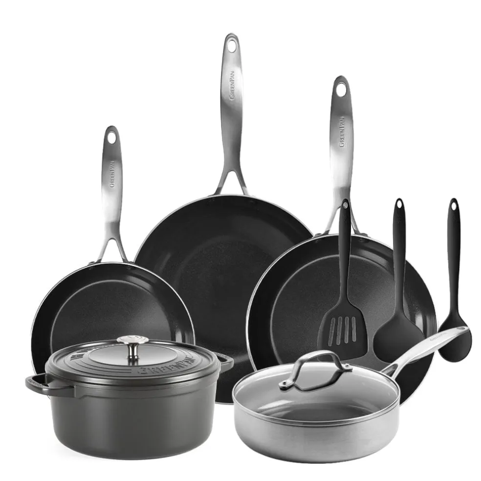 GreenPan - Geneva All You Need 9-delige Pannenset 18/24/24/28/28 cm - 2 koekenpannen + stoofpan met deksel + wokpan + braadpan + 3-delige spatelset