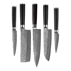 Hammered Damast BR 5-Delige Messenset + Magnetisch Messenblok Dubbelzijdig