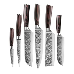 Hammered RVS 6-delige Messenset + Acacia houder enkelzijdig