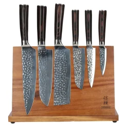 Hammered RVS 6-delige Messenset + Acacia houder enkelzijdig