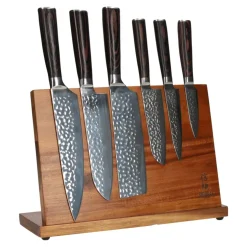 Hammered RVS 6-delige Messenset + Acacia houder enkelzijdig