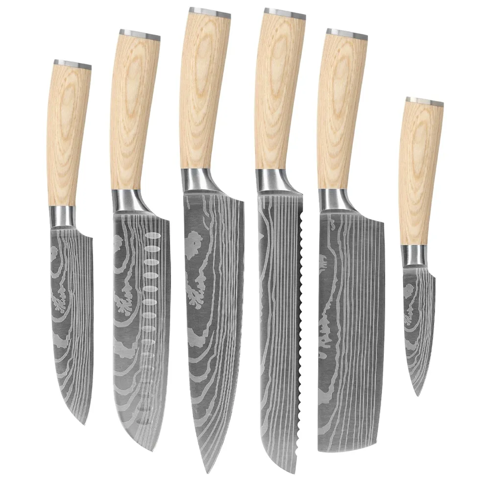 Shinrai Knives - Akari Damascus Print 6-delige Messenset + Magnetisch Messenblok Dubbelzijdig - Zwart