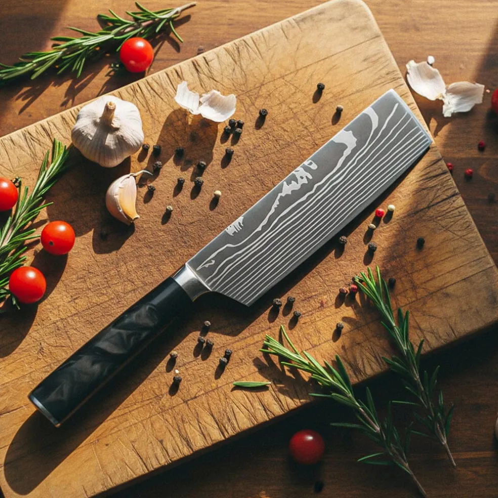 Shinrai Knives - Damascus Print Epoxy Onyx 2-delige Messenset - Nakiri + Schilmes