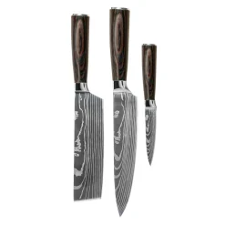 Shinrai Knives - Damascus Print 3-delige Messenset - Koksmes + Nakiri + Schilmes