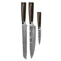 Shinrai Knives - Damascus Print 3-delige Messenset - Koksmes + Broodmes + Schilmes