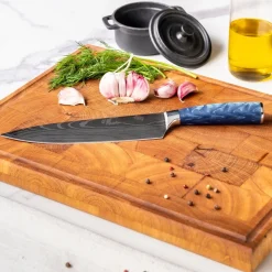 Shinrai Knives - Damascus Print Epoxy Sapphire 3-delige Messenset - Koksmes + Santoku + Schilmes