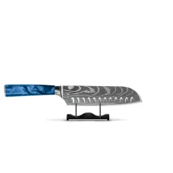 Shinrai Knives - Damascus Print Epoxy Sapphire 5-delige Messenset - Koksmes + Broodmes + Nakiri + Santoku + Schilmes
