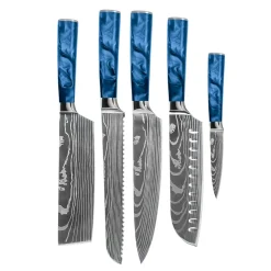 Shinrai Knives - Damascus Print Epoxy Sapphire 5-delige Messenset - Koksmes + Broodmes + Nakiri + Santoku + Schilmes