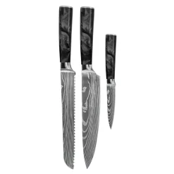 Shinrai Knives - Damascus Print Epoxy Onyx 3-delige Messenset - Koksmes + Broodmes + Schilmes
