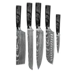 Shinrai Knives - Damascus Print Epoxy Onyx 5-delige Messenset - Koksmes + Broodmes + Nakiri + Santoku + Schilmes