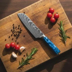 Shinrai Knives - Damascus Print Epoxy Sapphire 5-delige Messenset - Koksmes + Broodmes + Nakiri + Kleine Santoku + Schilmes
