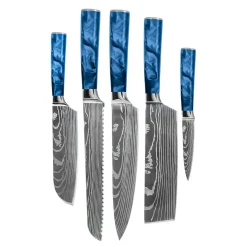 Shinrai Knives - Damascus Print Epoxy Sapphire 5-delige Messenset - Koksmes + Broodmes + Nakiri + Kleine Santoku + Schilmes