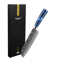 Shinrai Knives - Damascus Print Epoxy Sapphire Santoku mes 18 cm