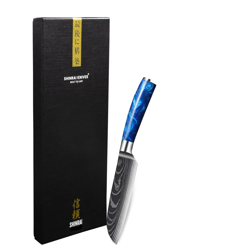 Shinrai Knives - Damascus Print Epoxy Sapphire Santoku mes 13 cm