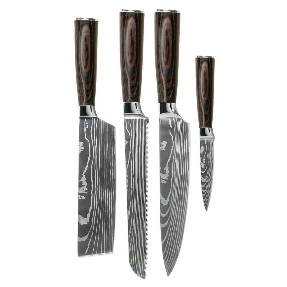 Shinrai Knives - Damascus Print 4-delige Messenset - Koksmes + Broodmes + Nakiri + Schilmes