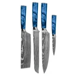 Shinrai Knives - Damascus Print Epoxy Sapphire 4-delige Messenset - Koksmes + Broodmes + Nakiri + Schilmes