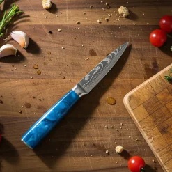 Shinrai Knives - Damascus Print Epoxy Sapphire 3-delige Messenset - Koksmes + Nakiri + Schilmes