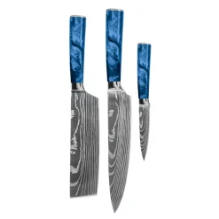 Shinrai Knives - Damascus Print Epoxy Sapphire 3-delige Messenset - Koksmes + Nakiri + Schilmes