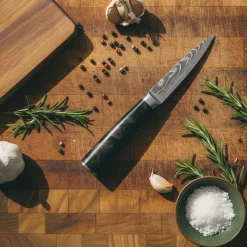 Shinrai Knives - Damascus Print Epoxy Onyx 5-delige Messenset - Koksmes + Broodmes + Nakiri + Kleine Santoku + Schilmes