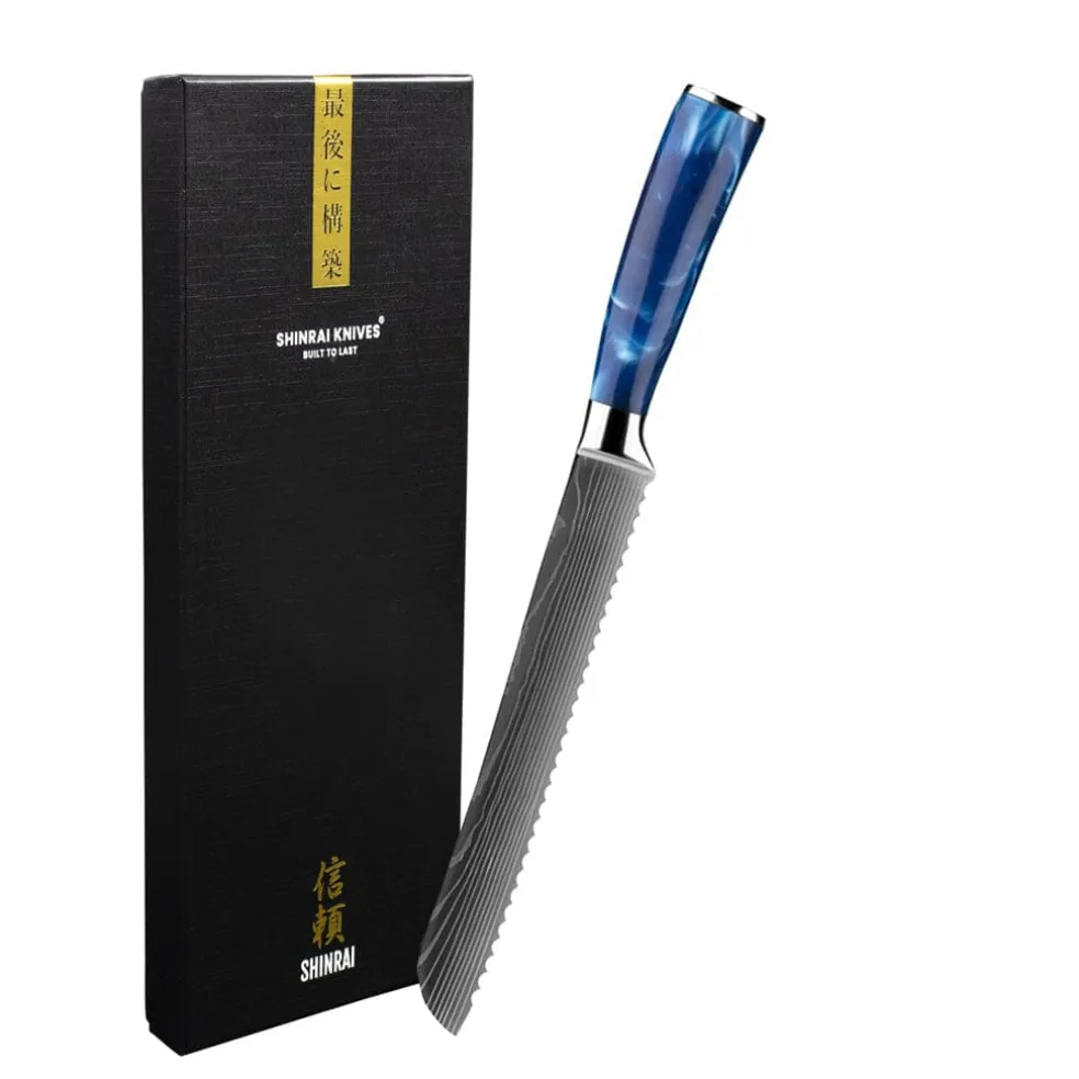 Shinrai Knives - Damascus Print Epoxy Sapphire Broodmes 20 cm