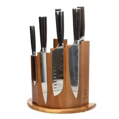 Shinrai Knives - Damascus Print 7-delige Messenset + Magnetisch Messenblok Scalae - Acacia hout