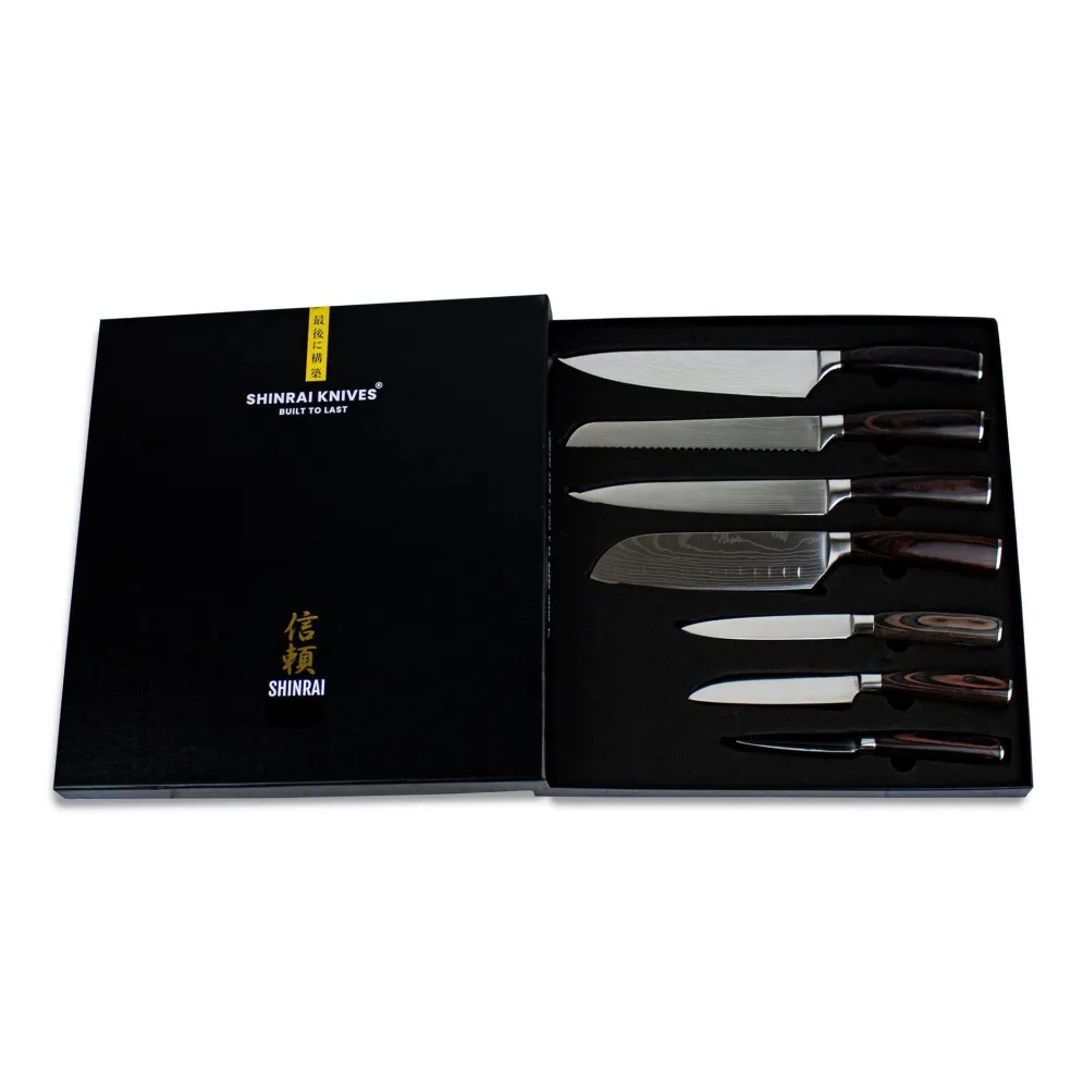 Shinrai Knives - Damascus Print 7-delige Messenset + Magnetisch Messenblok Scalae - Acacia hout