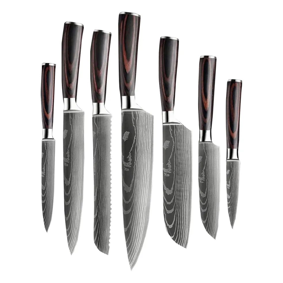 Shinrai Knives - Damascus Print 7-delige Messenset + Magnetisch Messenblok Scalae - Acacia hout