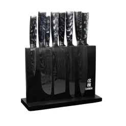 Shinrai Knives - Damascus Print Onyx Epoxy 9-delige Messenset + Magnetisch Messenblok Dubbelzijdig - Zwart
