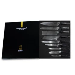 Shinrai Knives - Damascus Print Onyx Epoxy 9-delige Messenset + Magnetisch Messenblok Dubbelzijdig - Zwart