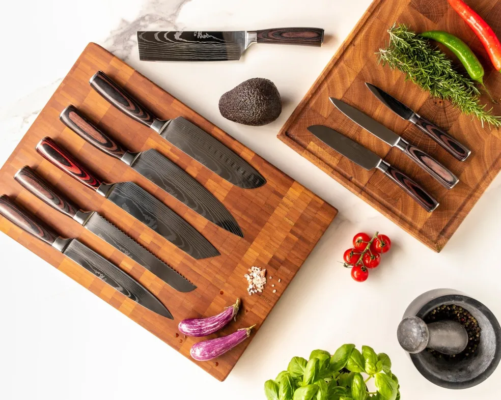 Shinrai Knives - Damascus Print 9-delige Messenset + Magnetisch Messenblok Dubbelzijdig