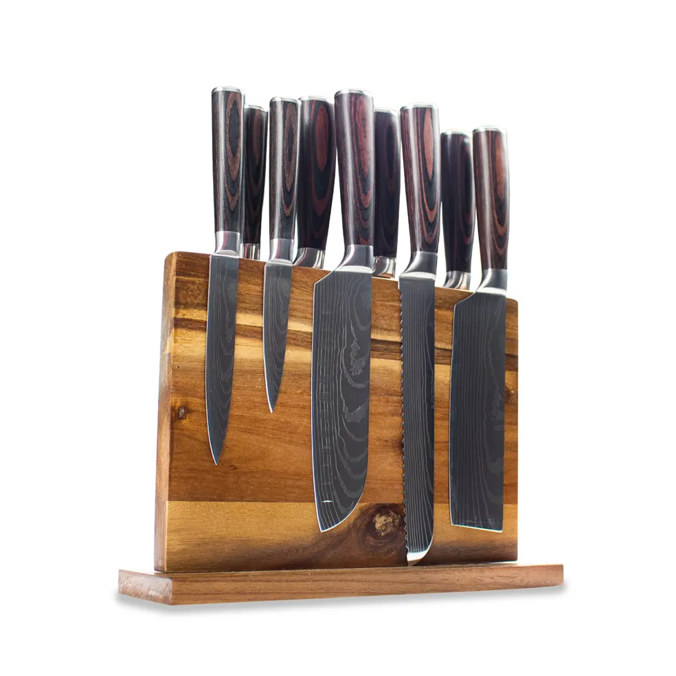 Shinrai Knives - Damascus Print 9-delige Messenset + Magnetisch Messenblok Dubbelzijdig