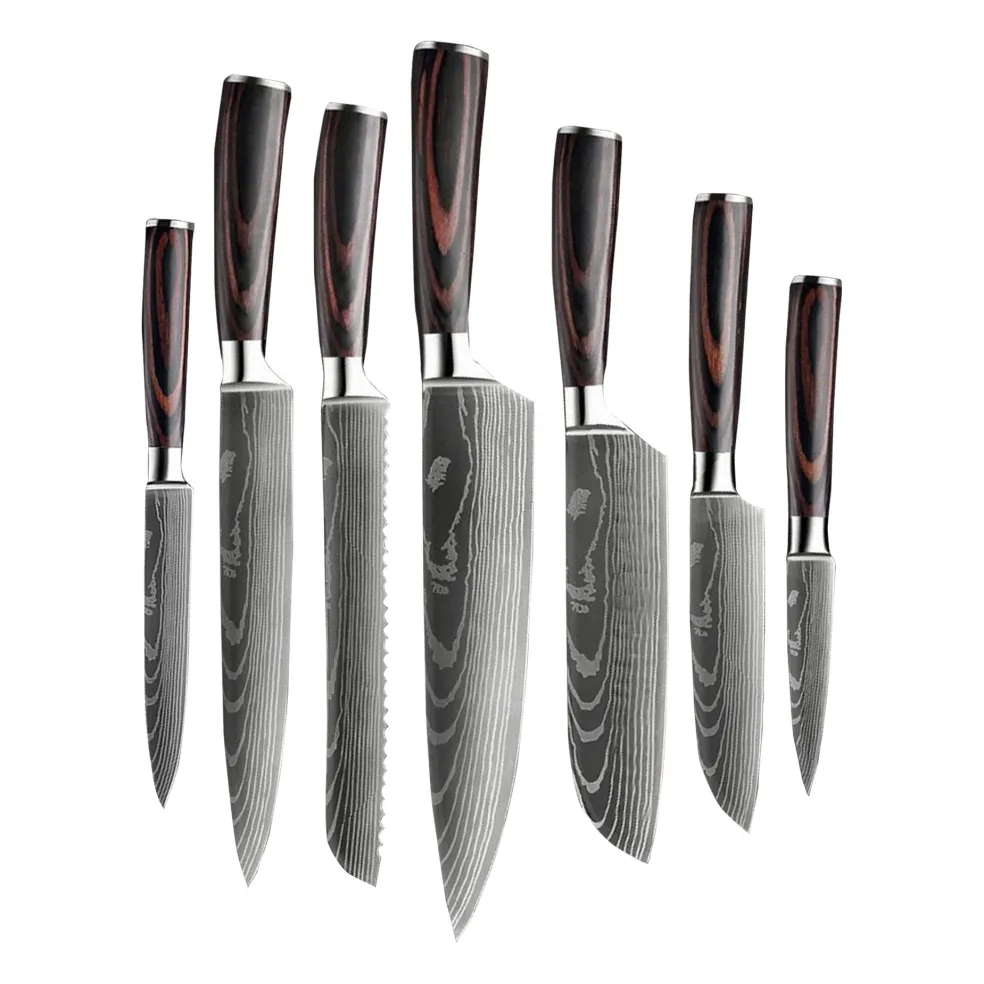 Shinrai Knives - Damascus Print 9-delige Messenset + Magnetisch Messenblok Dubbelzijdig