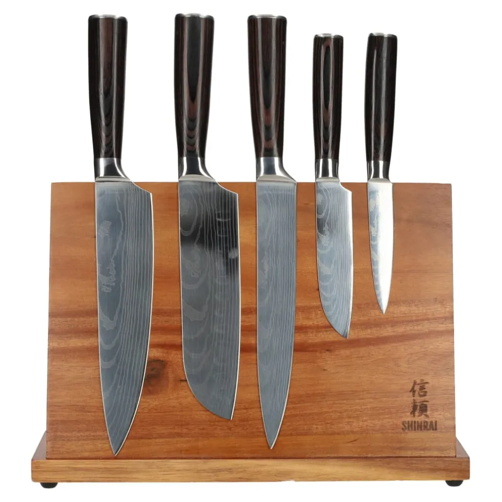 Shinrai Knives - Damascus Print 5-delig + Magnetisch Messenblok Enkelzijdig