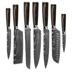 Shinrai Knives - Damascus Print 7-delige Messenset + Messenblok Cito dubbelzijdig