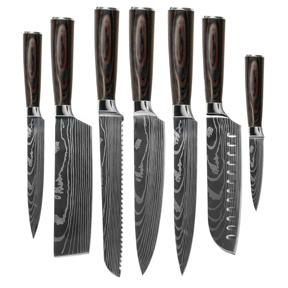 Shinrai Knives - Damascus Print 7-delige Messenset + Messenblok Cito dubbelzijdig